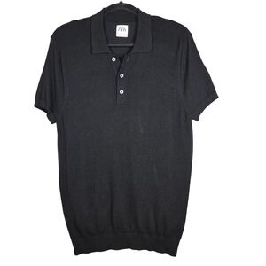 Zara Knit Polo Shirt Mens Small Black Short Sleeve Viscose Blend Casual Top